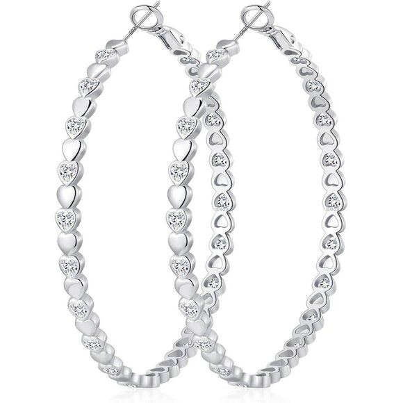925 Silver-60mm Heart Cubic Zirconia Large Rhinestone Hoop Earrings for Womens - Picture 1 of 7